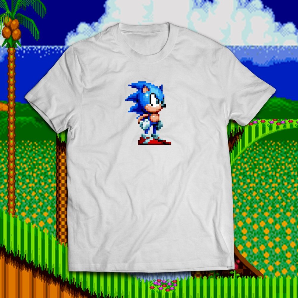 8 Bit Video Game Inspired Sonic White Tee - Picture 1 of 2